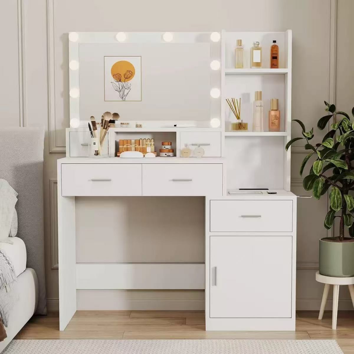 IDEEHOUSE - Tocador de Maquillaje Moderno con Espejo LED 110cm x 40cm x141cm
