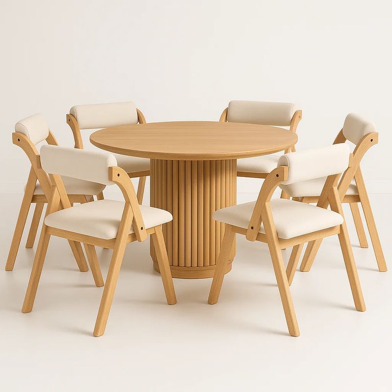 KLIK - Comedor Mesa Redonda Nórdica Armonía de 130 cm Madera Natural + 6 Silla Betlahem de Madera Plegable Acolchada - Beige