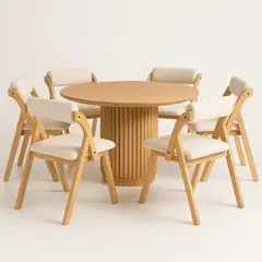 KLIK - Comedor Mesa Redonda Nórdica Armonía de 130 cm Madera Natural + 6 Silla Betlahem de Madera Plegable Acolchada - Beige