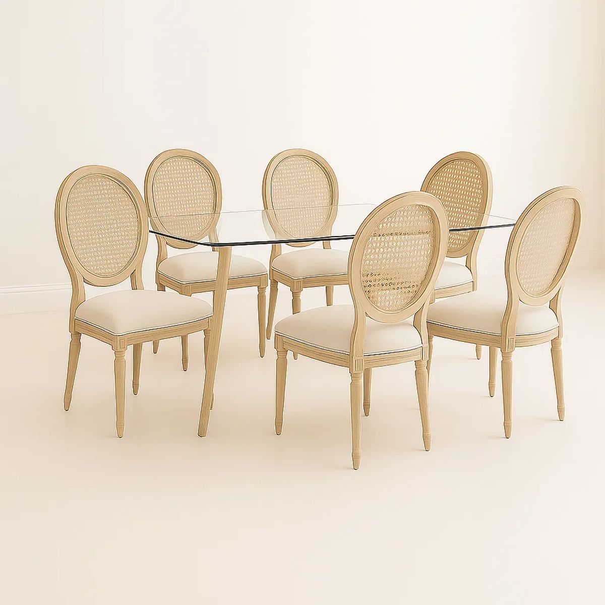 KLIK - Comedor Mesa de Vidrio Rectangular Nórdica 140x90 cm + 6 Silla de Madera Acolchada Luis XV