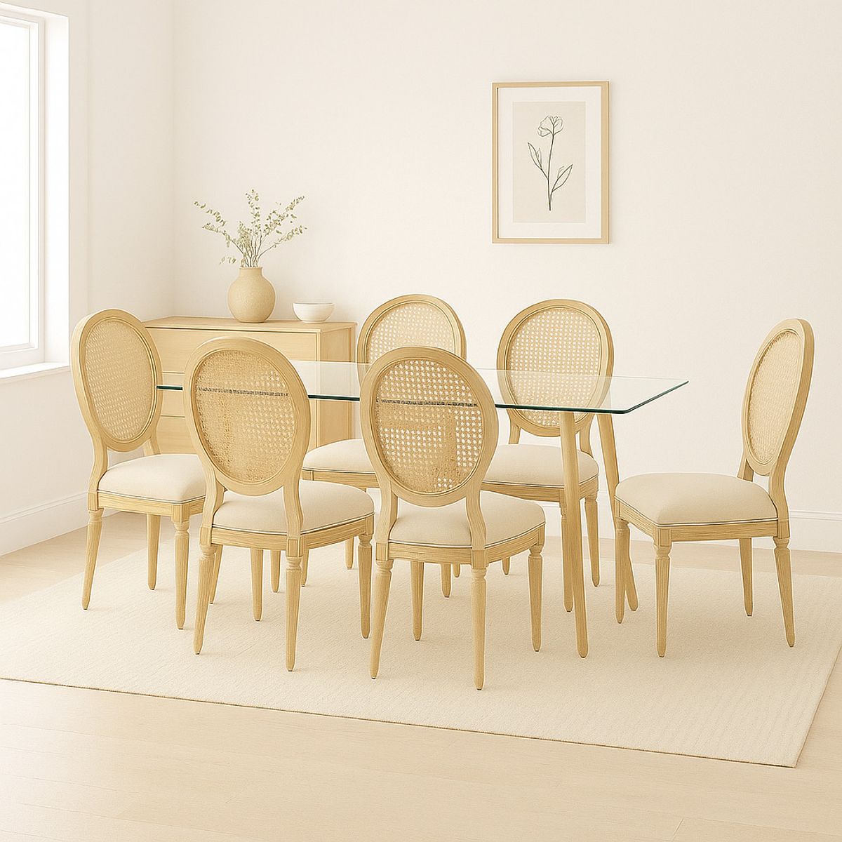 KLIK - Comedor Mesa de Vidrio Rectangular Nórdica 140x90 cm + 6 Silla de Madera Acolchada Luis XV