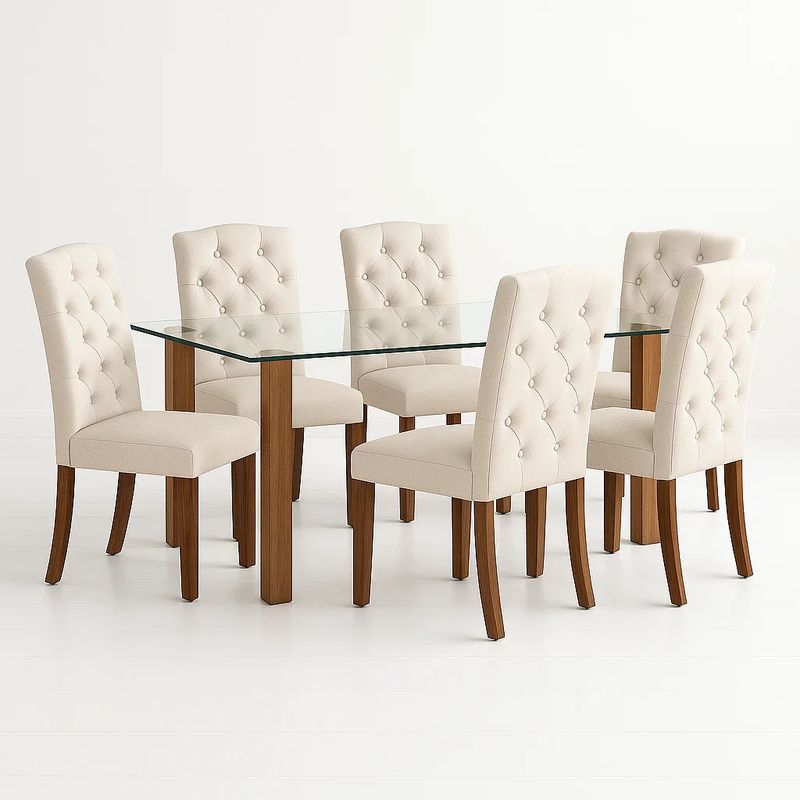 KLIK - Comedor Mesa de Vidrio Quadra 120x80 + 6 Silla de Acolchada Madera Elegance