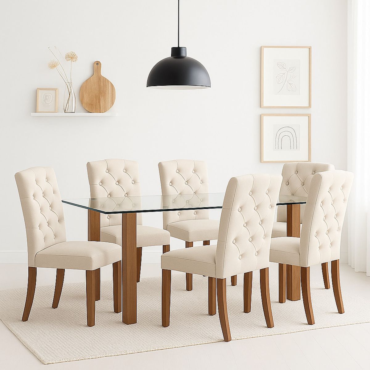 KLIK - Comedor Mesa de Vidrio Quadra 120x80 + 6 Silla de Acolchada Madera Elegance