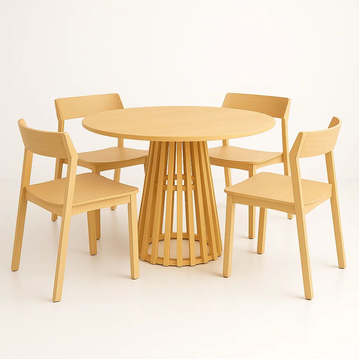 KLIK - Comedor Mesa Redonda 100 cm Madera Natural Base Estilo Rejilla + 4 Silla Madera Rover Viena Natural