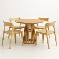 KLIK - Comedor Mesa Redonda de 100 cm Madera Natural con Base Estilo Rejilla + 4 Silla de Madera Rover Viena Natural