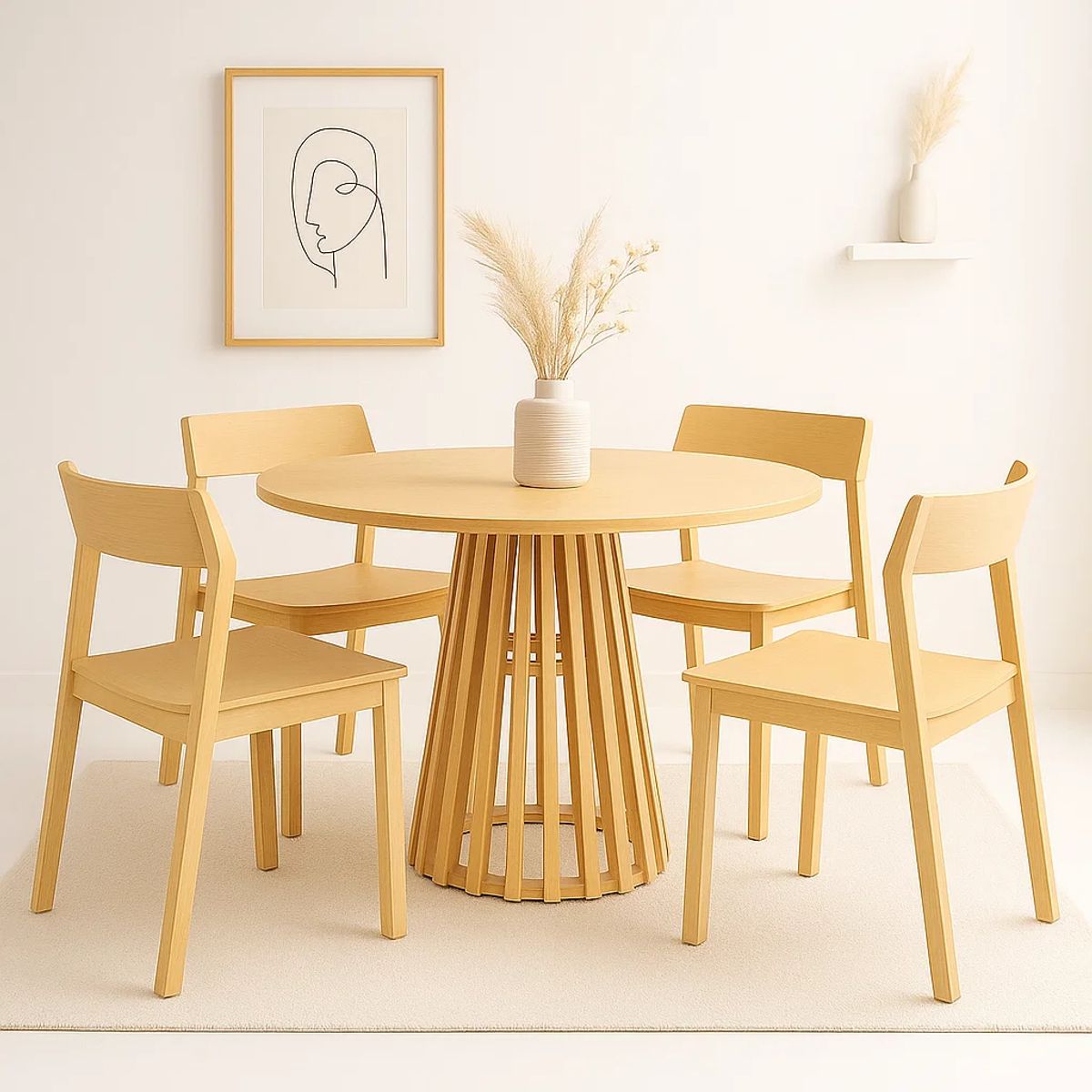 KLIK - Comedor Mesa Redonda 100 cm Madera Natural Base Estilo Rejilla + 4 Silla Madera Rover Viena Natural