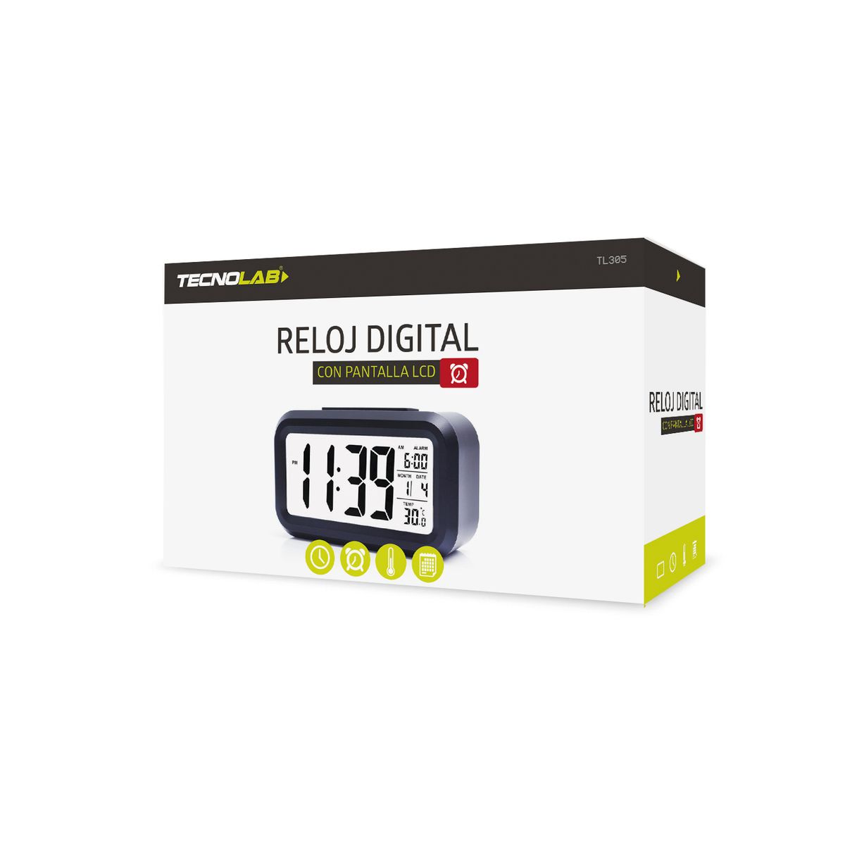 TECNOLAB - Reloj Despertador Pantalla Lcd Fecha Y Calendario Verde - Ps