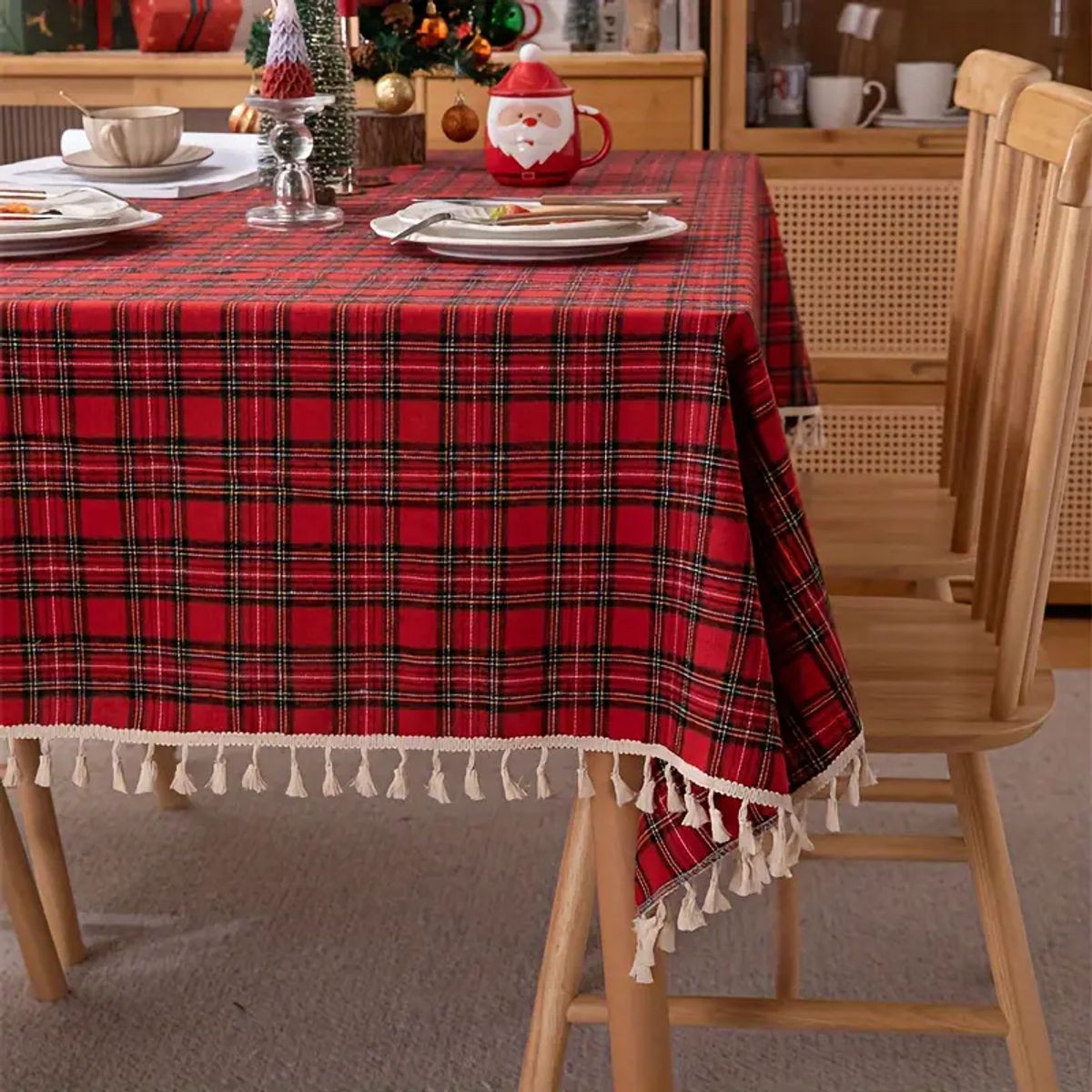 PUREPOWER - Mantel Navidad Flecos Algodón y Poliéster 140x220cm - Lavable