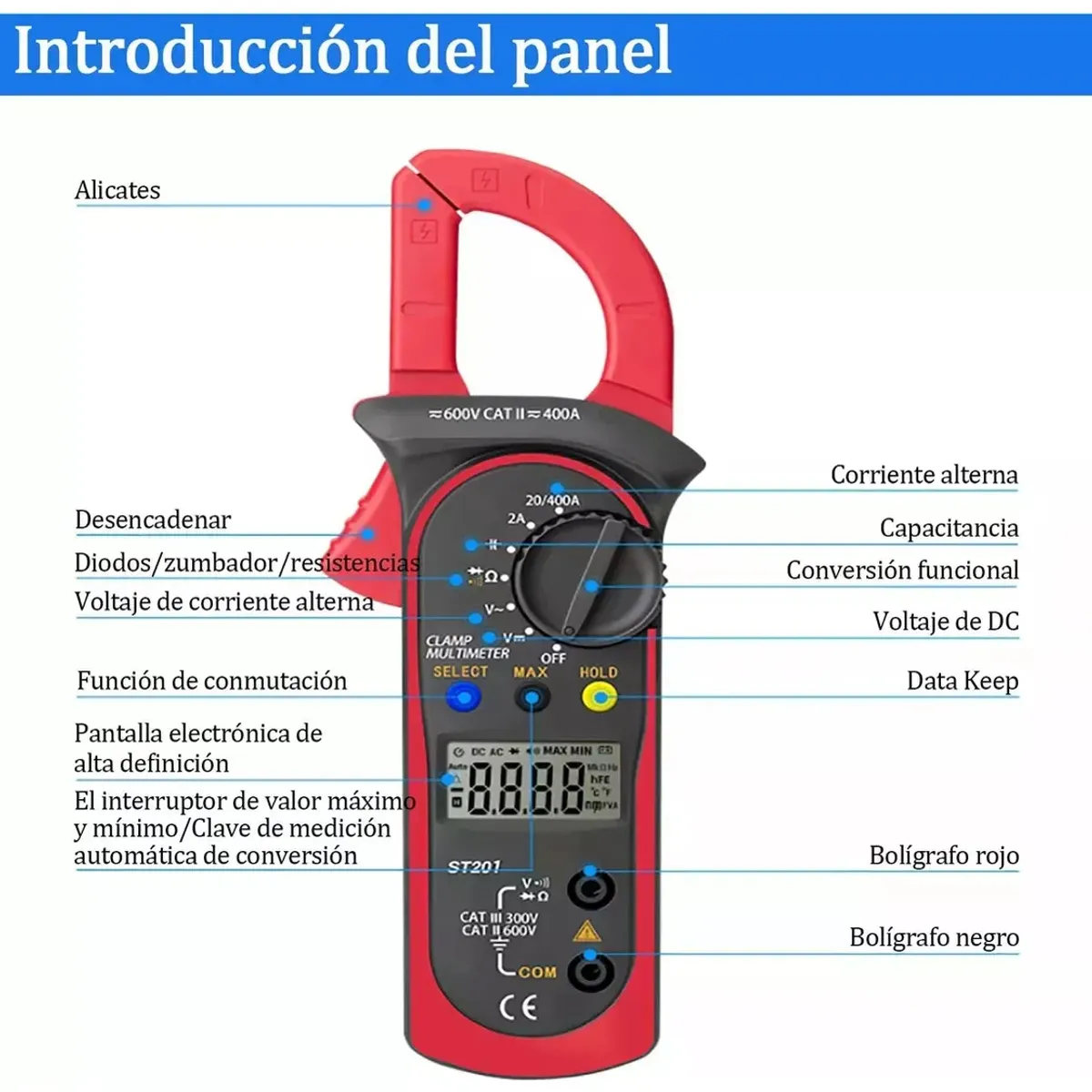 KUANGYE - Pinzas digitales St201, 600 V, 400 A, amperímetro y multímetro