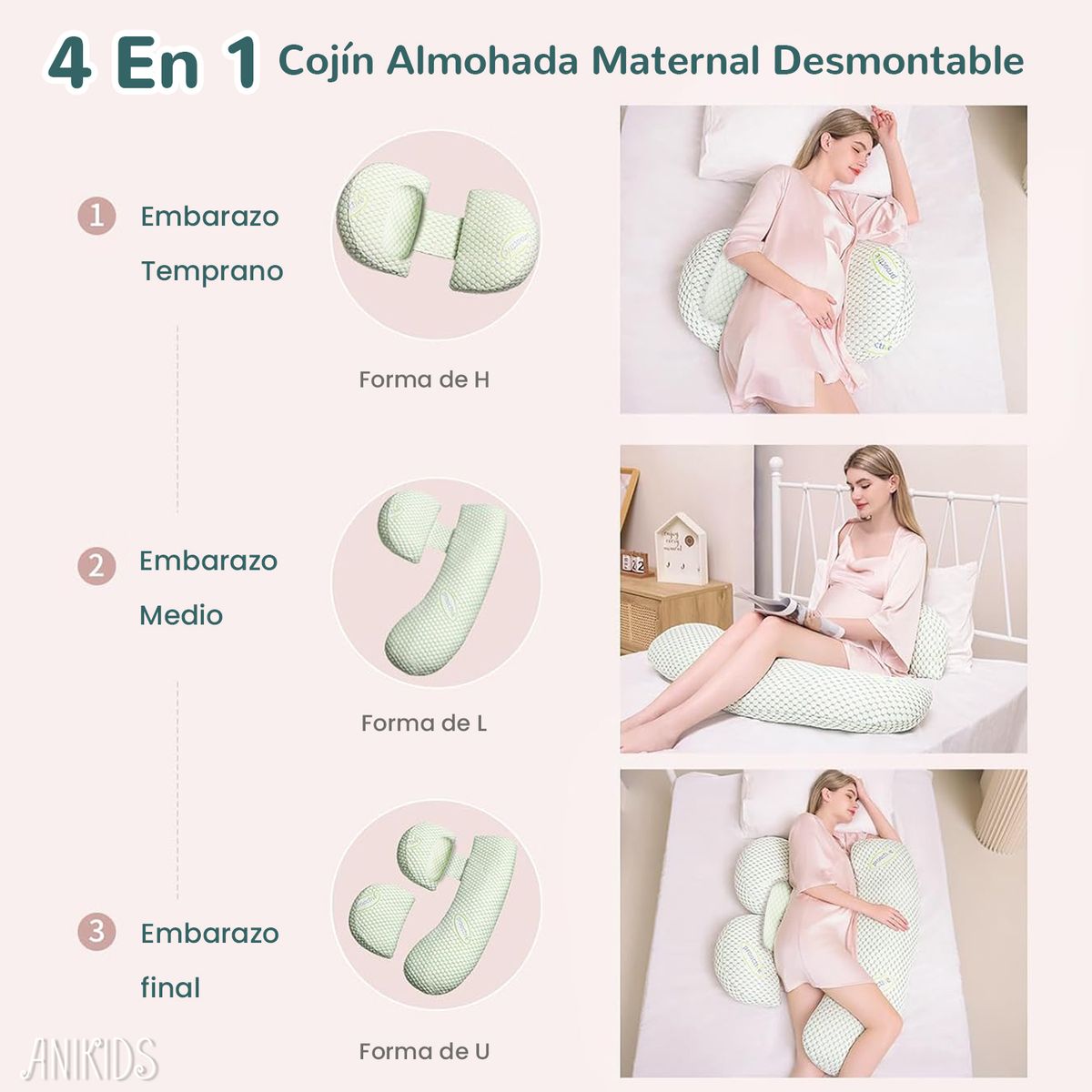 ANIKIDS - 4 En 1 Cojin Lactancia Maternal Almohada Embarazo Multiusos Verde