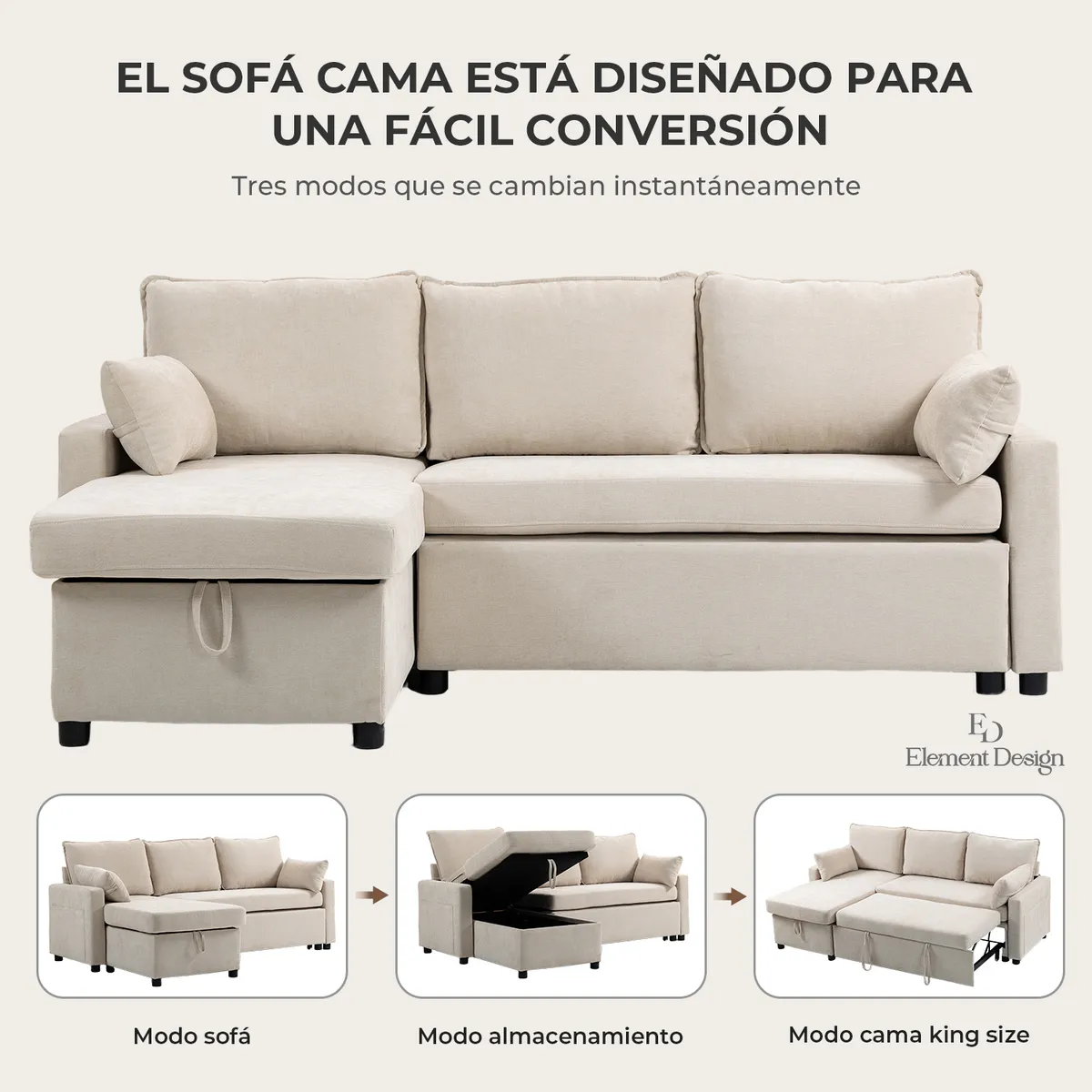 ELEMENT DESIGN - Sofá Cama Leticia Seccionals con Almacenamiento Oculto - Beige