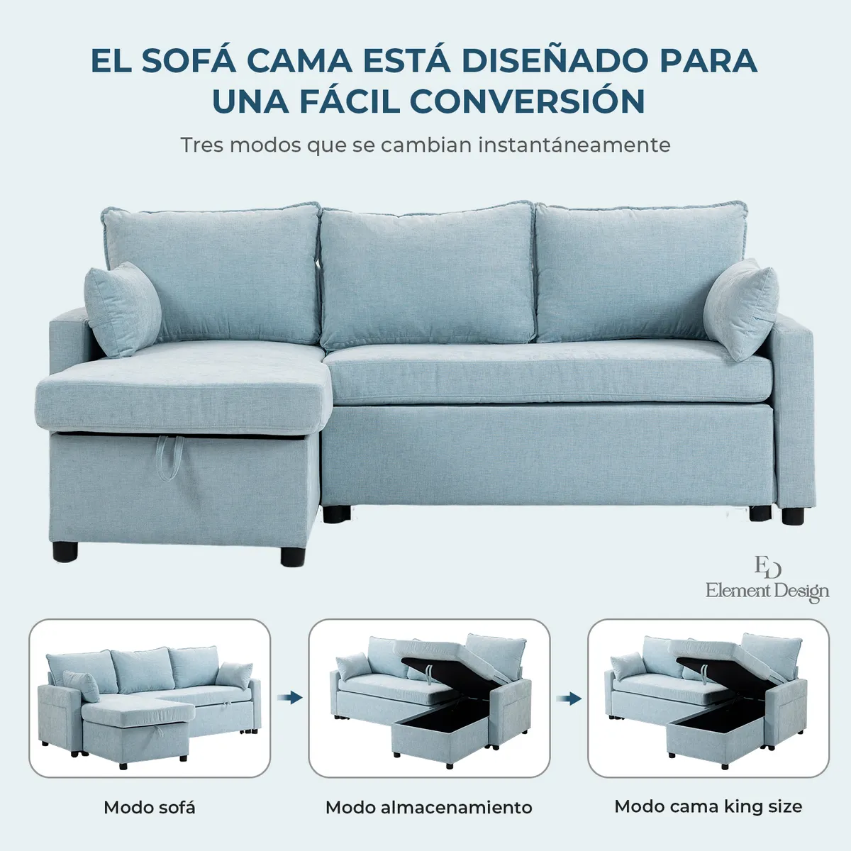 ELEMENT DESIGN - Sofá Cama Leticia Seccionals con Almacenamiento Oculto - Azul