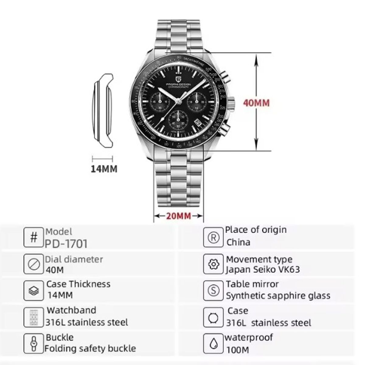PAGANI - Reloj Hombre PAGANI SPEEDMASTER BLACK  Cristal de Zafiro