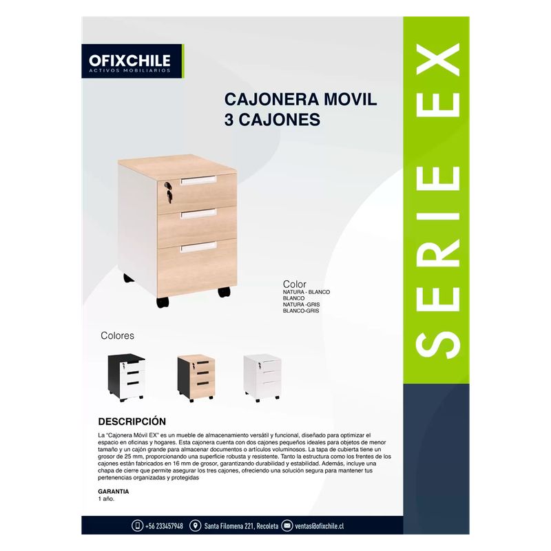 GENERICO - Cajonera Móvil 3 Cajones con Cerradura 40x45x60 cm Blanco/Blanco Ofix