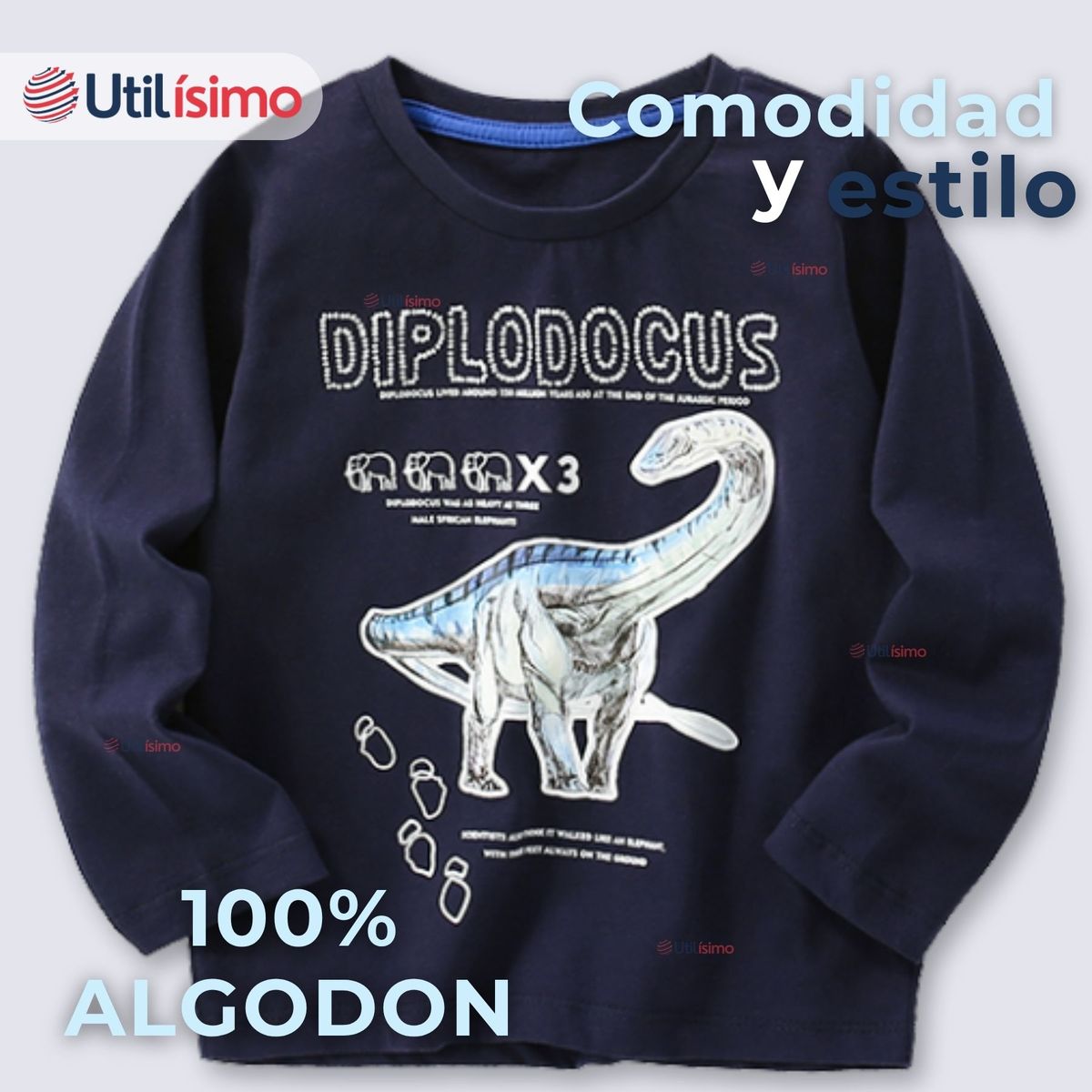 JUMP KIDS - Polera Algodón Manga Larga Niño Camiseta Dinosaurio Azul