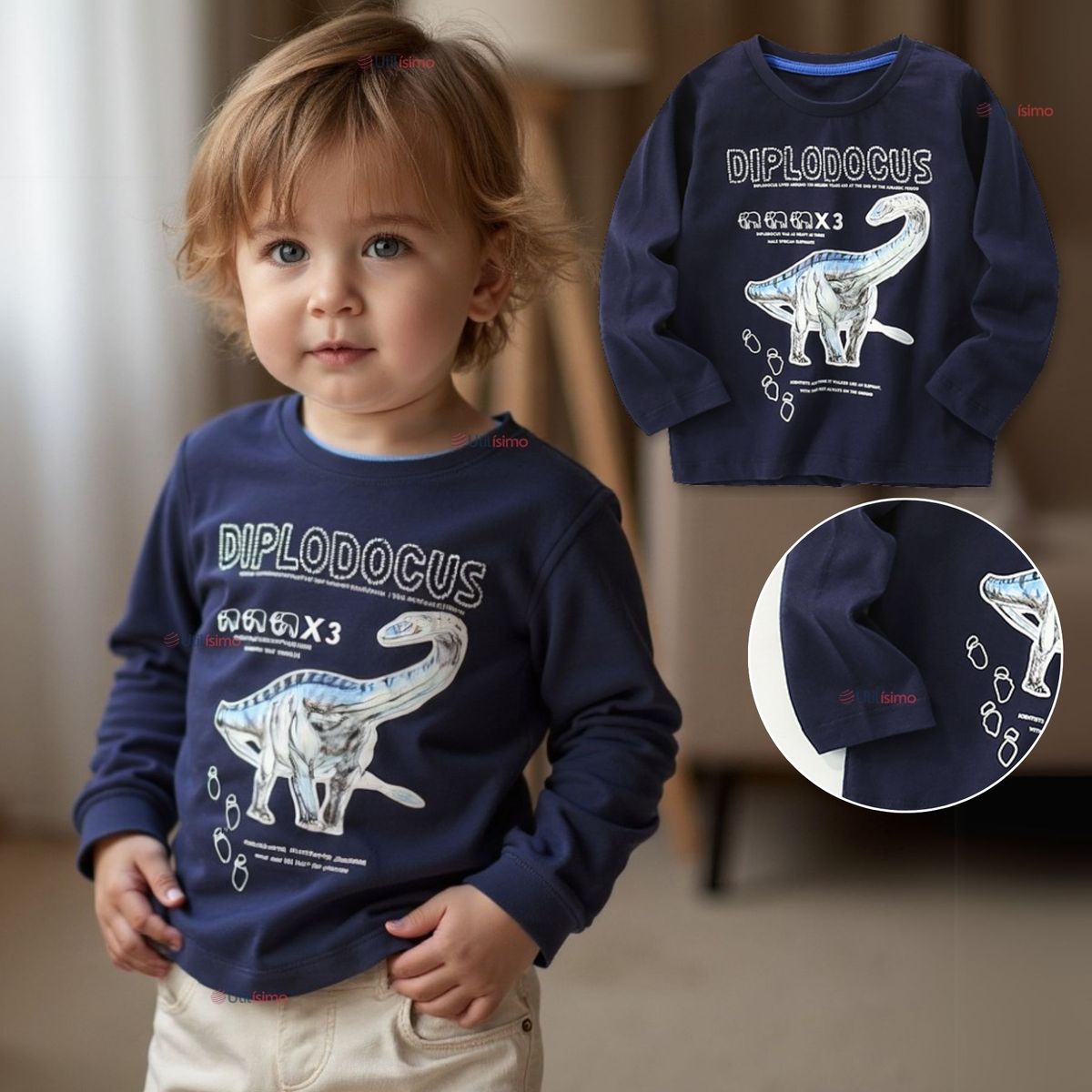 JUMP KIDS - Polera Algodón Manga Larga Niño Camiseta Dinosaurio Azul