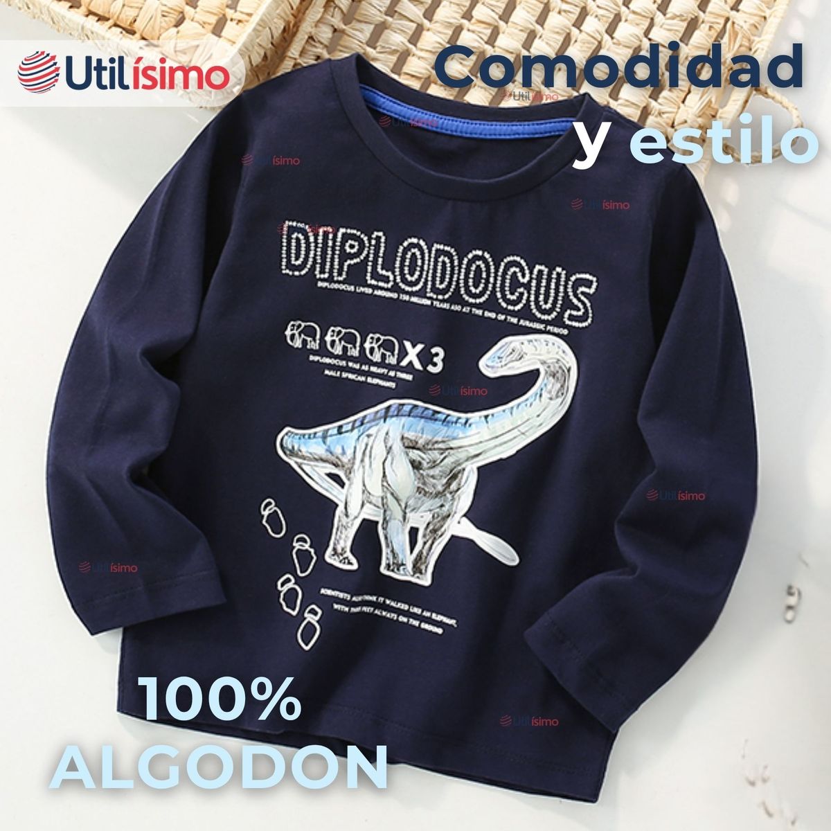JUMP KIDS - Polera Algodón Manga Larga Niño Camiseta Dinosaurio Azul