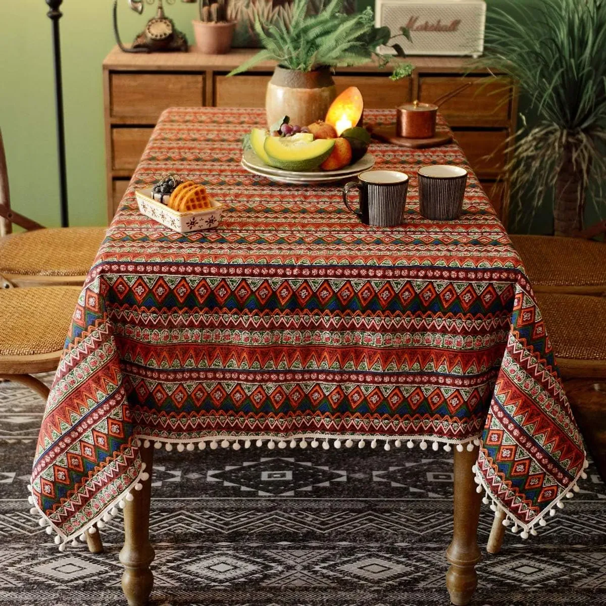 PUREPOWER - Mantel Boho Flecos Pompas Algodón Lino 140x180cm