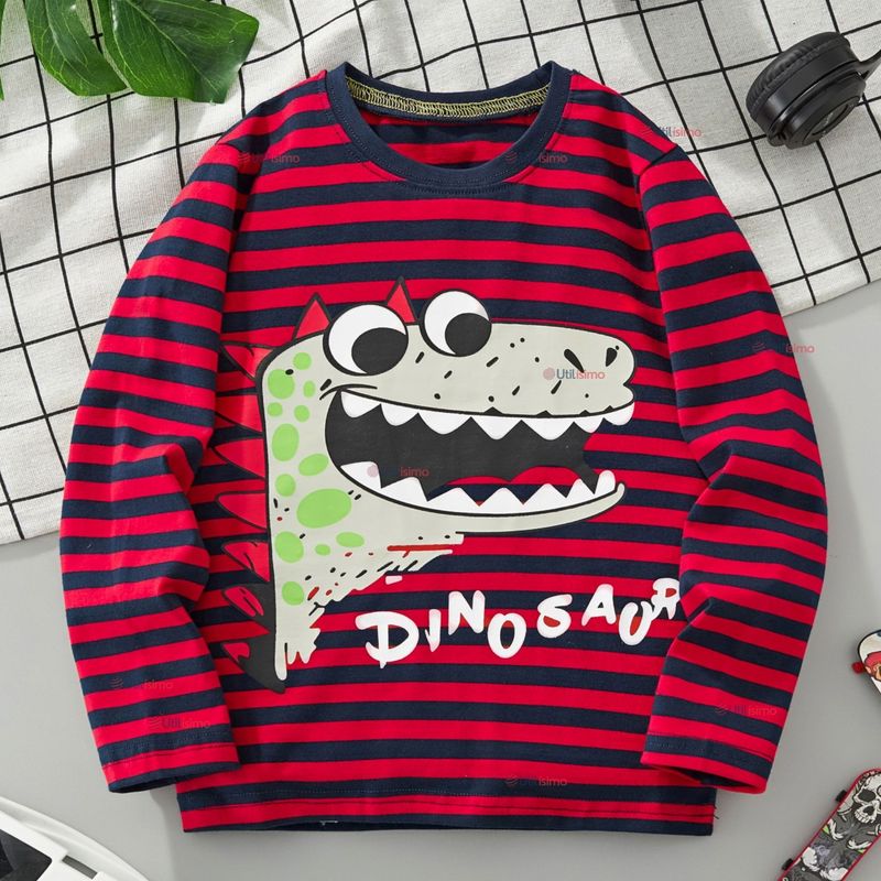 JUMP KIDS - Polera Algodón Manga Larga Niño Camiseta Dinosaurio Rojo