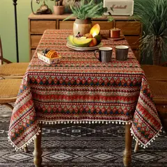 PUREPOWER - Mantel Rectángulo Boho Flecos Pompas Algodón Lino 140x200cm