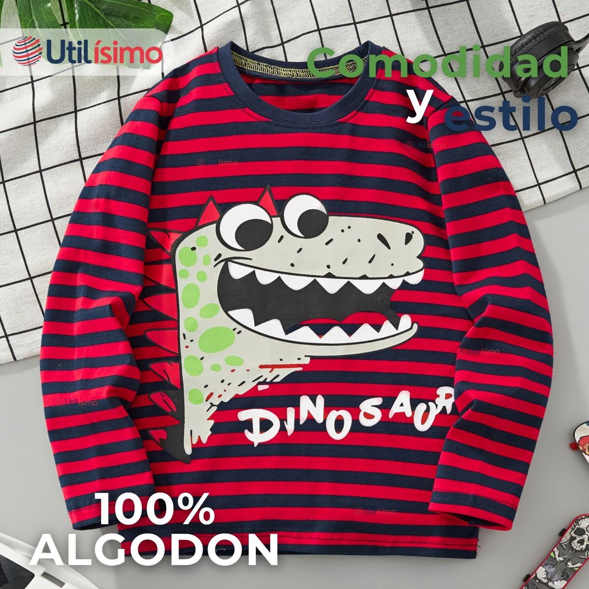 JUMP KIDS - Polera Algodón Manga Larga Niño Camiseta Dinosaurio Rojo