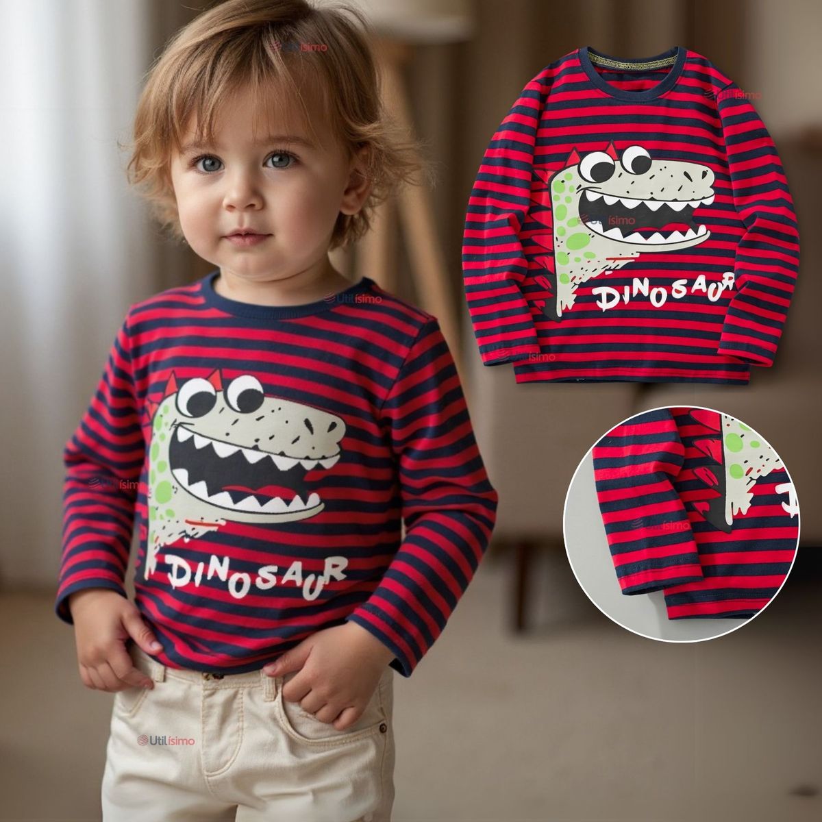 JUMP KIDS - Polera Algodón Manga Larga Niño Camiseta Dinosaurio Rojo