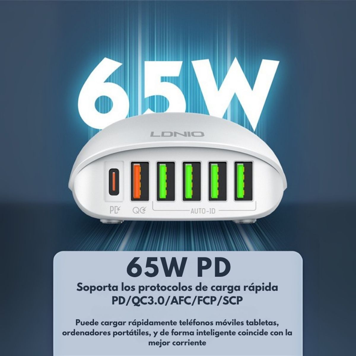 LDNIO - Estación de Carga Escritorio 65W para Laptop - 6 Puertos USB-C y USB-A