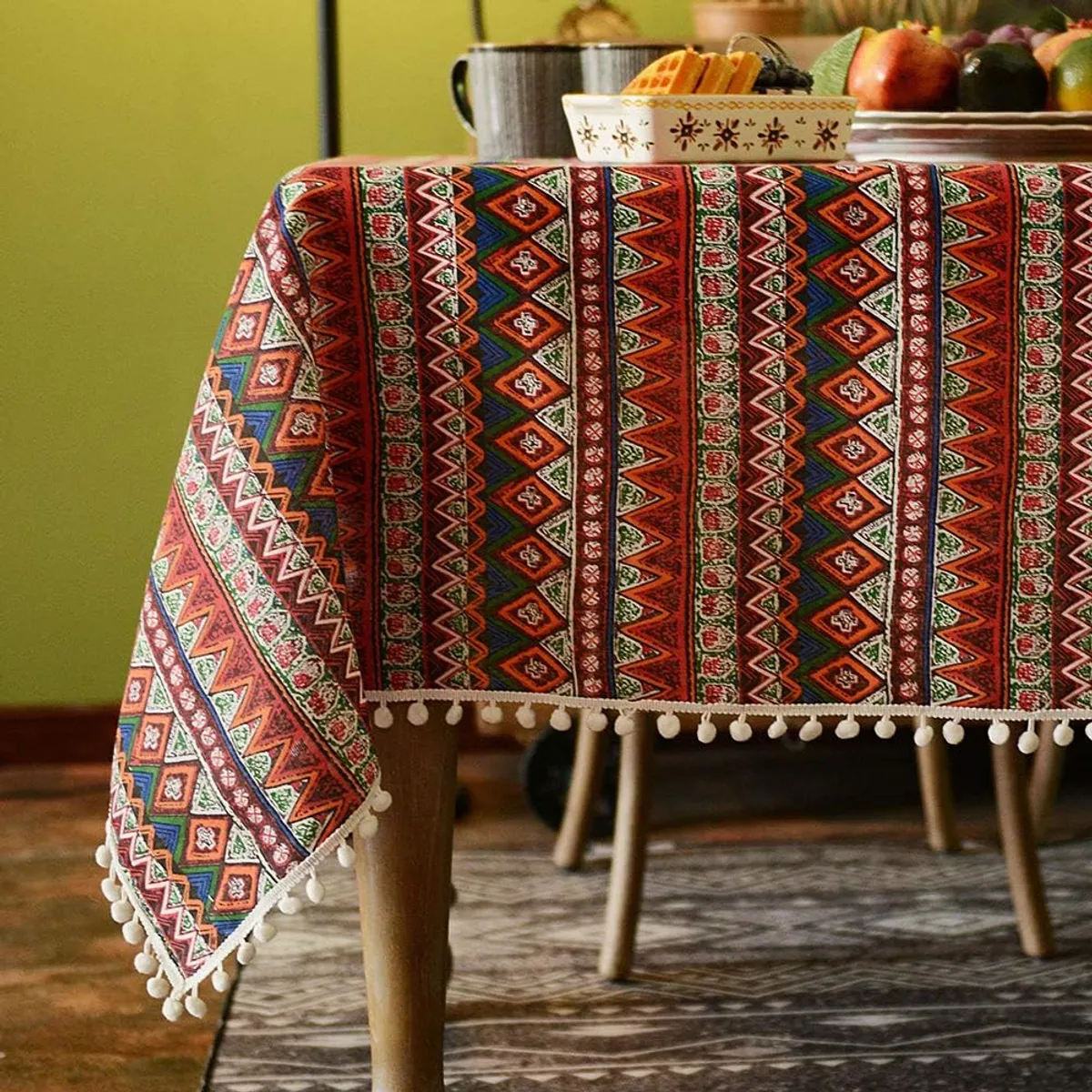 PUREPOWER - Mantel Rectángulo Boho Flecos Pompas Algodón Lino 140x260cm