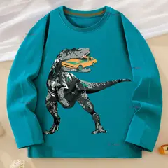 JUMP KIDS - Polera Algodón Manga Larga Niño Camiseta Dinosaurio verde