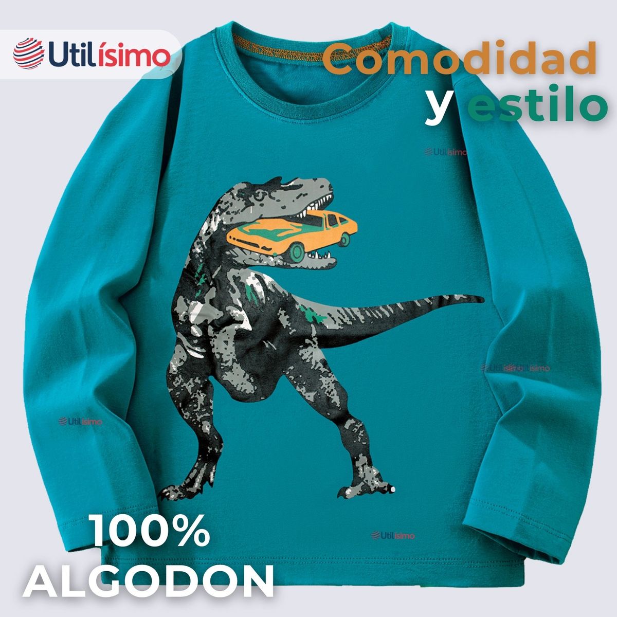 JUMP KIDS - Polera Algodón Manga Larga Niño Camiseta Dinosaurio verde