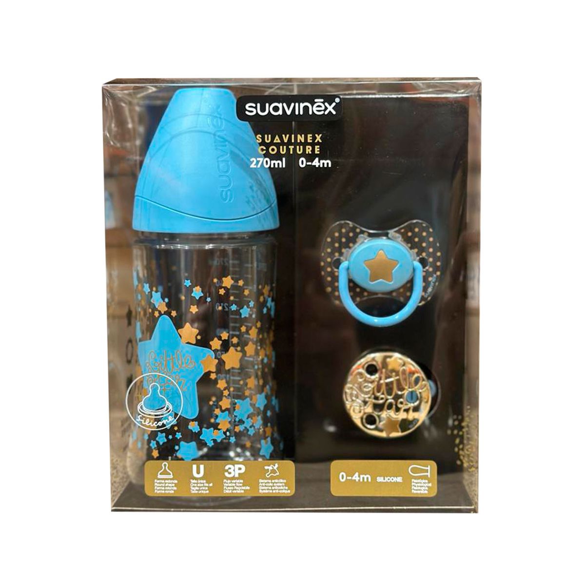 SUAVINEX - SET MAMADERA BROCHE CHUPETE PREMIUM 0-4M BOY