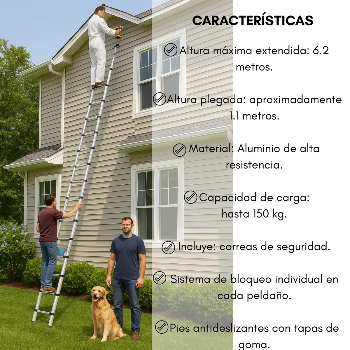 GENERICO - Escalera Telescopica Aluminio Retráctil 6,2 Mts Soporta 150k