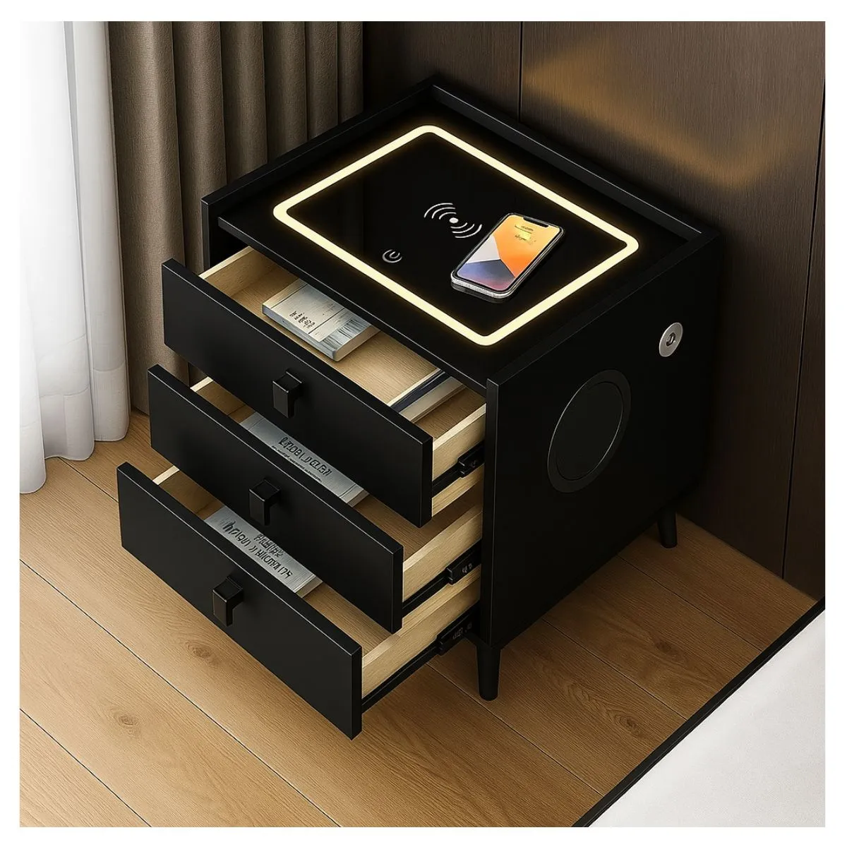 TODODESCUENTO - Velador Inteligente Carga Inalámbrica Bluetooth Luz- Negro