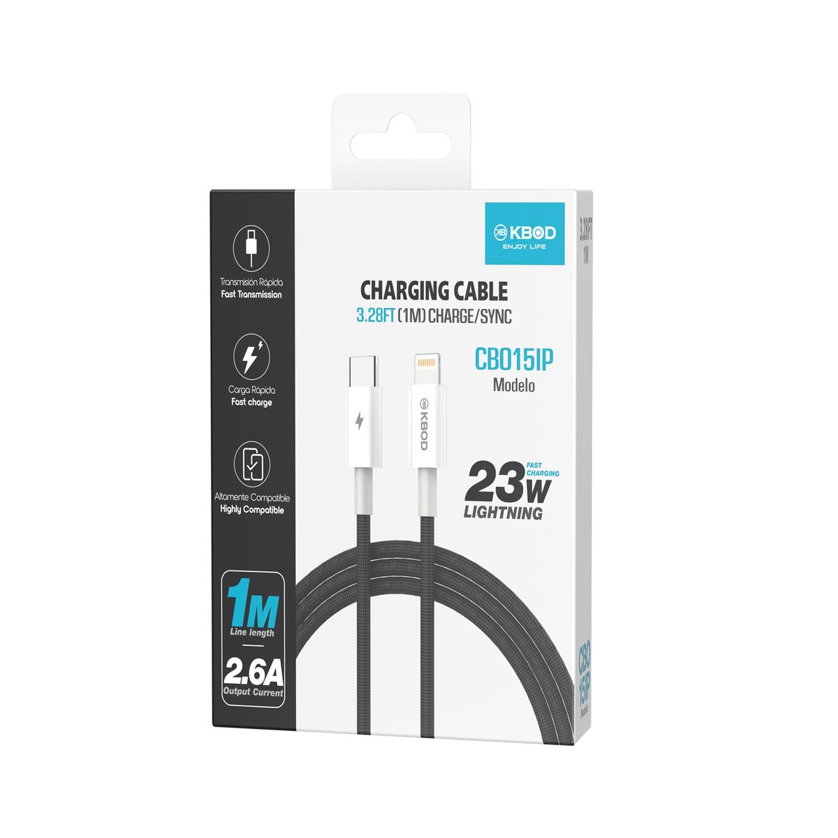 KBOD - Cable de Carga y Datos Trenzado Nylon 1mt Kbod CBO15 Para IP Negro