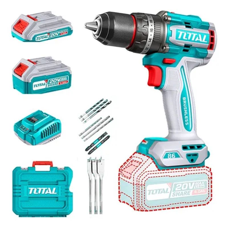 TOTAL TOOLS - Taladro Atornillador Percutor 20v 2bat+carg Total Tidli20868