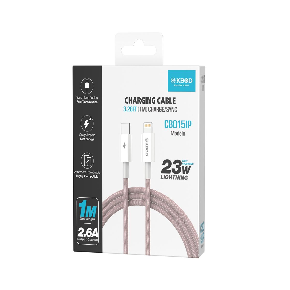 KBOD - Cable de Carga y Datos Trenzado Nylon 1mt Kbod CBO15 Para IP Rosa