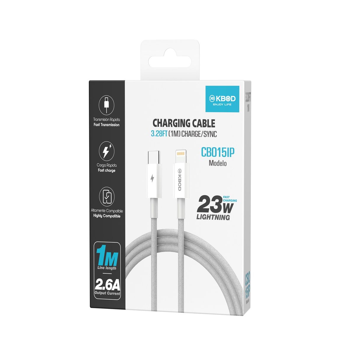 KBOD - Cable de Carga y Datos Trenzado Nylon 1mt Kbod CBO15 Para IP Blanco