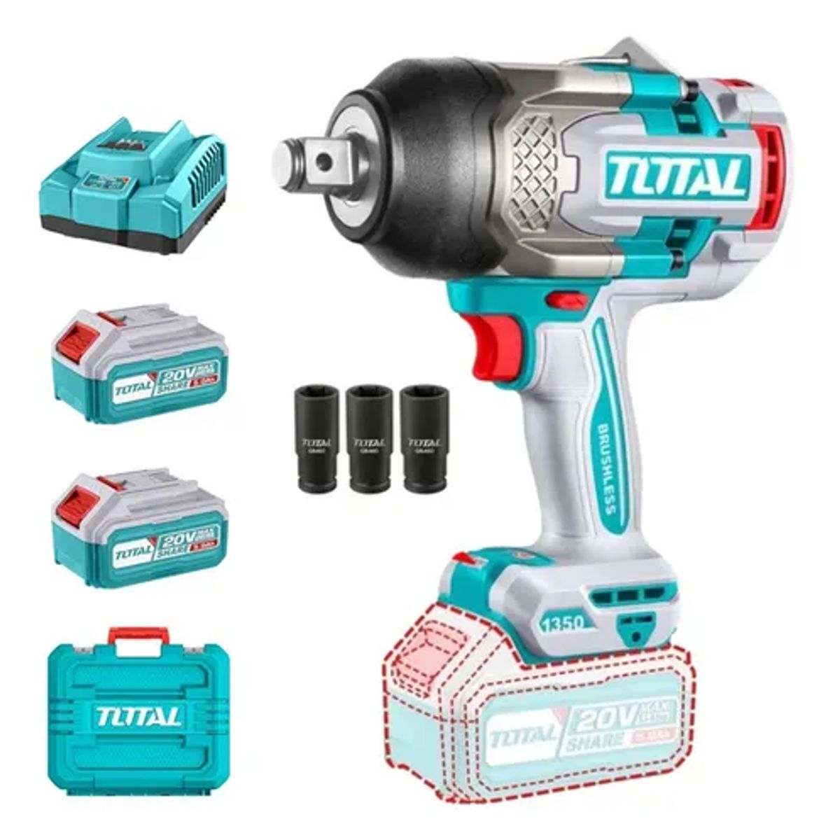 TOTAL TOOLS - Taladro Pistola Llave Impacto 20v Bat+ Carg Total Tiwli20135