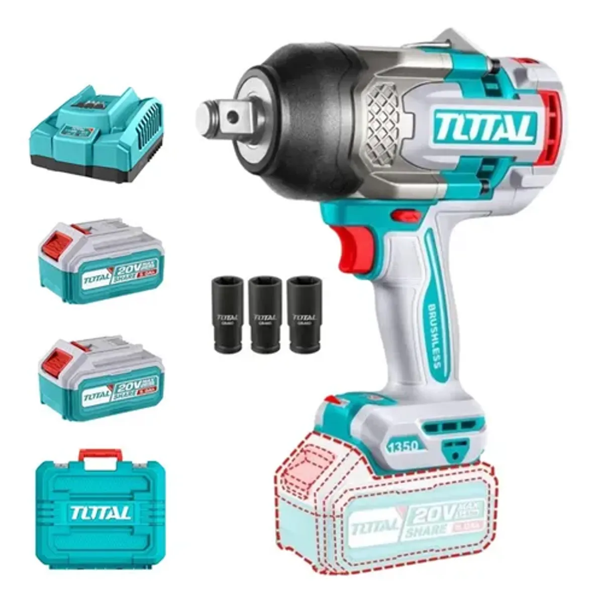 TOTAL TOOLS - Taladro Pistola Llave Impacto 20v Bat+ Carg Total Tiwli20135