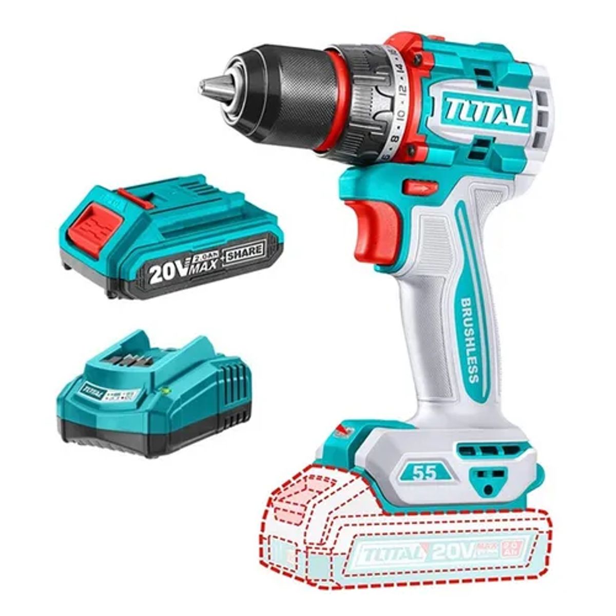 TOTAL TOOLS - Taladro Atornillador 13mm 20v Bat+ Carg Total Tdli205581