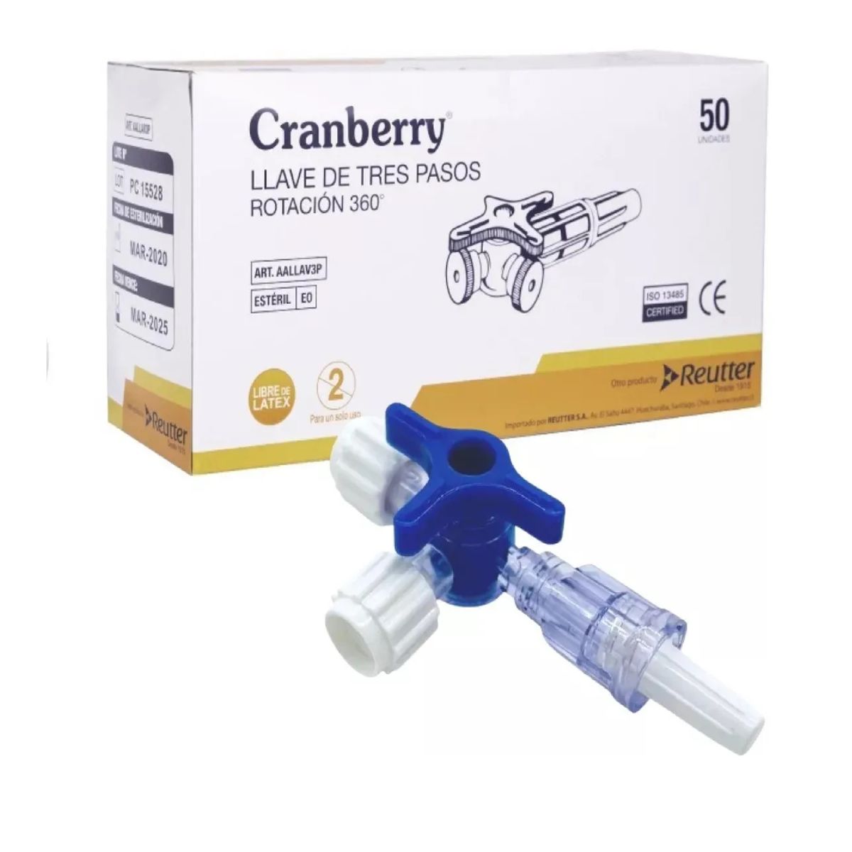 CRANBERRY - Llave 3 Pasos Rotación 360 Estéril Cranberry Caja X50 Unid.