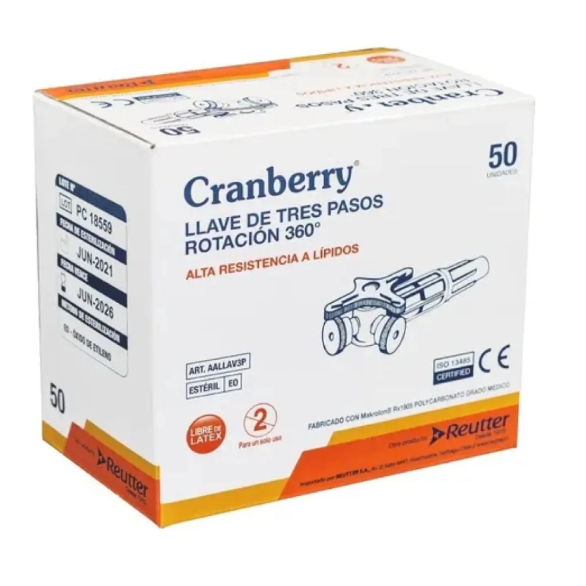 CRANBERRY - Llave 3 Pasos Rotación 360 Estéril Cranberry Caja X50 Unid.