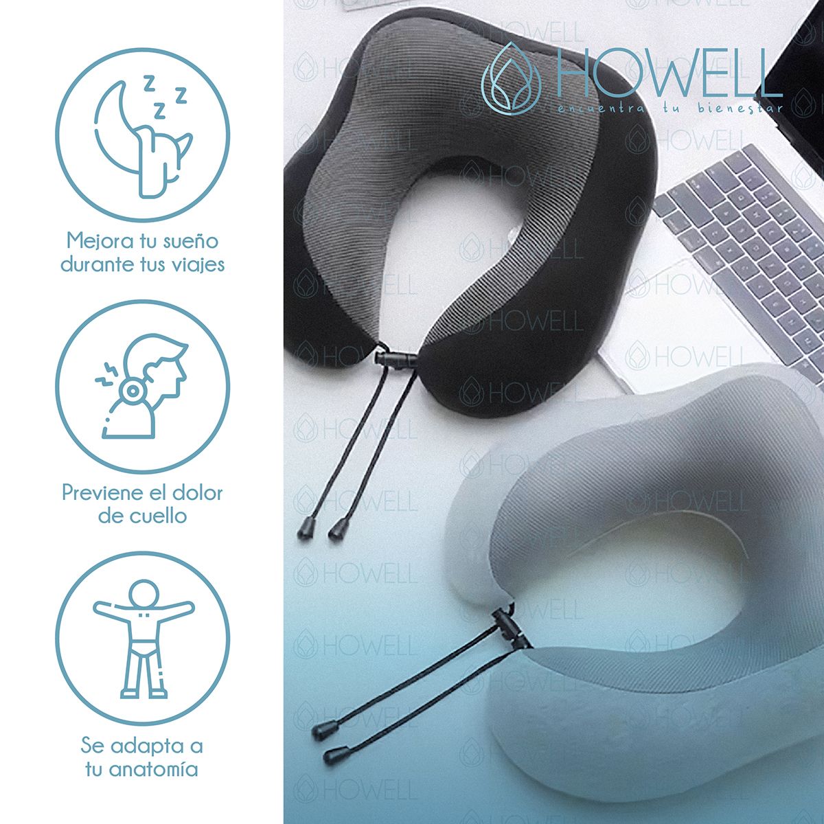 HOWELL - Almohada Cervical de Viaje Howell Visco Memory + Accesorios