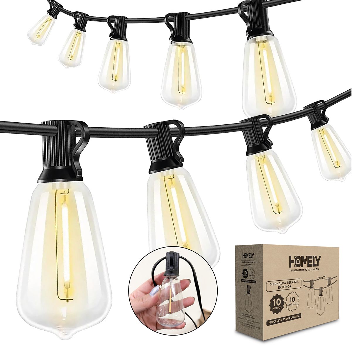 HOMELY - Guirnalda Terraza Exterior 10 Metros 10 Ampolletas Impermeables Homely