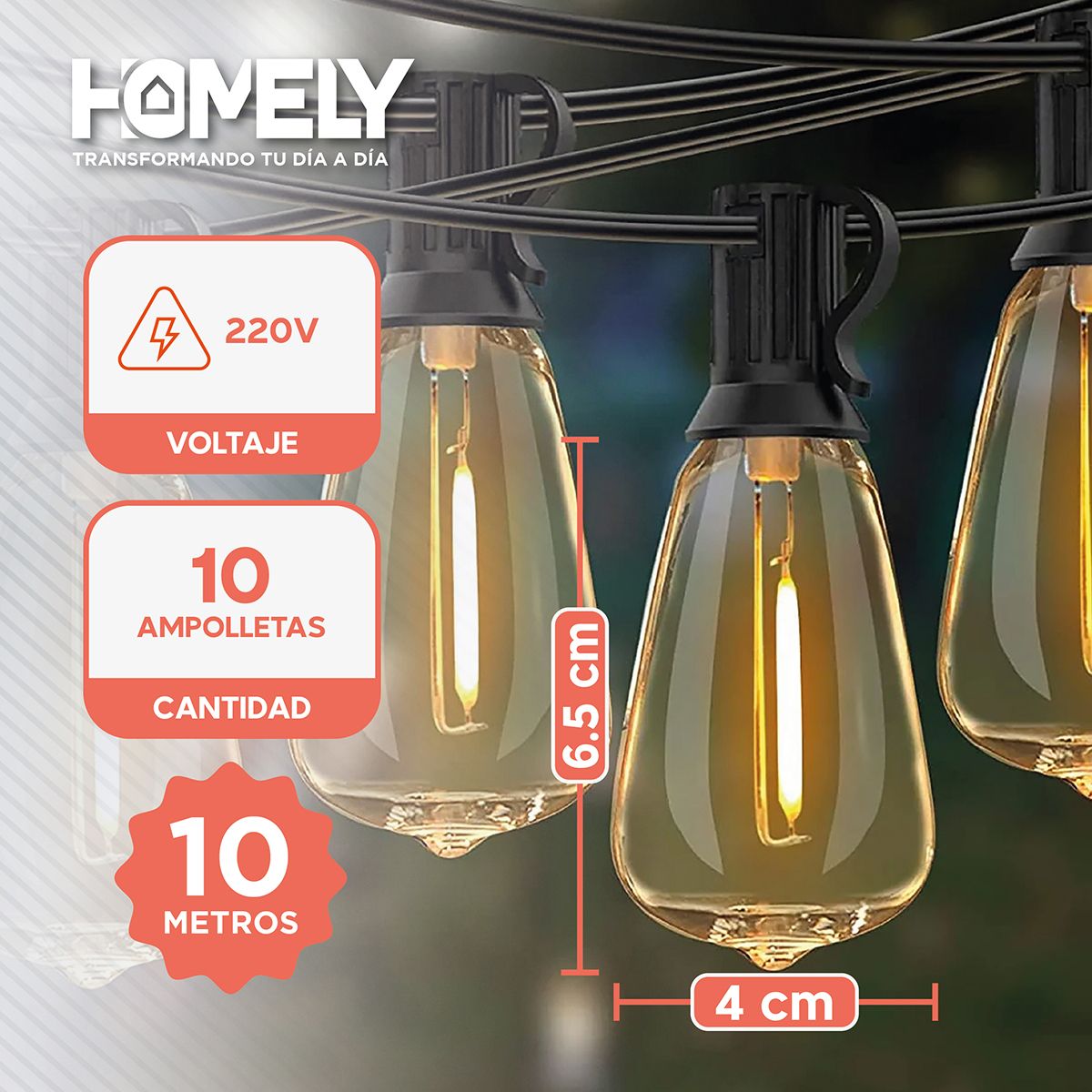 HOMELY - Guirnalda Terraza Exterior 10 Metros 10 Ampolletas Impermeables Homely