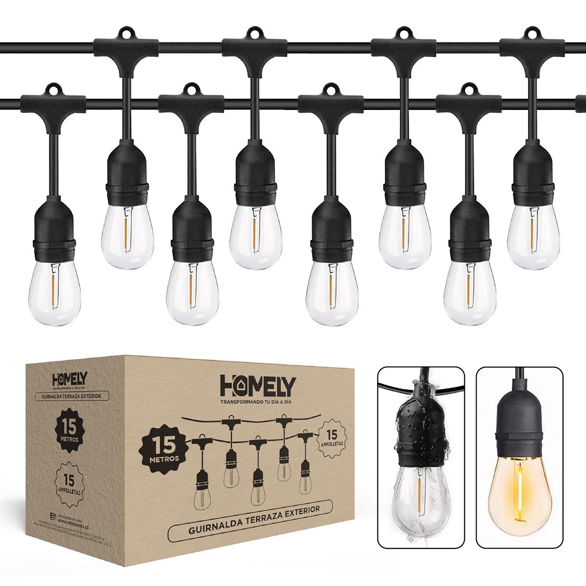 HOMELY - Guirnalda Terraza Exterior 15 Metros + 15 Ampolletas Homely