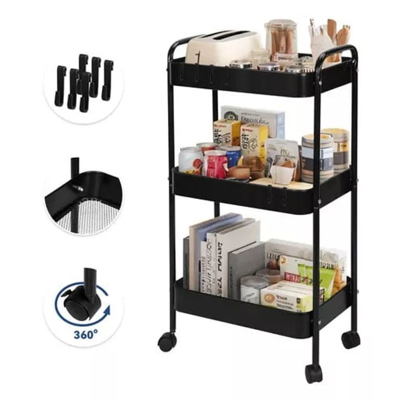 GENERICO - Carrito Organizador Metal 3 Niveles Ruedas Bloqueables negro