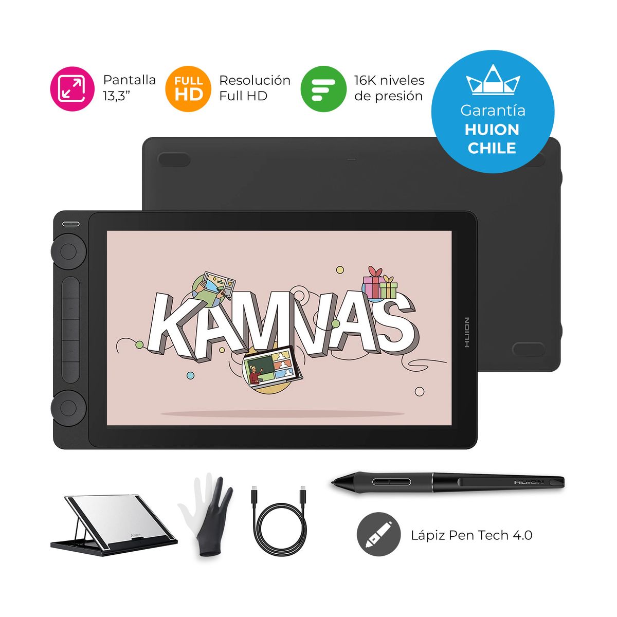 HUION - Tableta Gráfica Monitor Huion Kamvas 13 (Gen3) Black+Stand y USB-C -TG