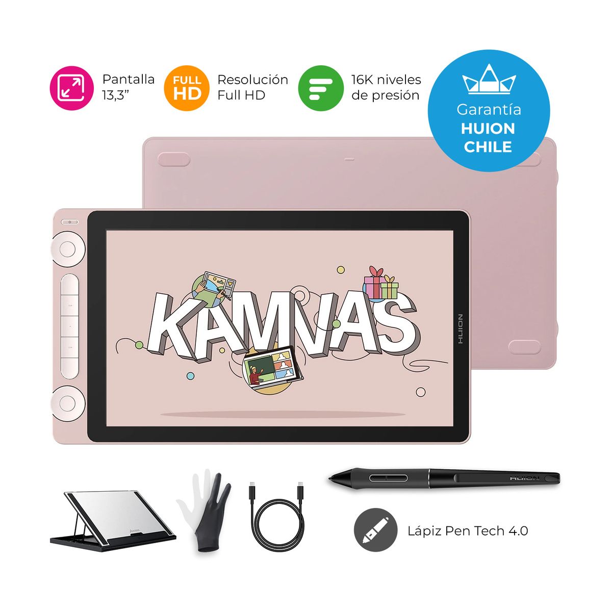 HUION - Tableta Gráfica Monitor Huion Kamvas 13 (Gen3) Pink +Stand y USB-C -TG
