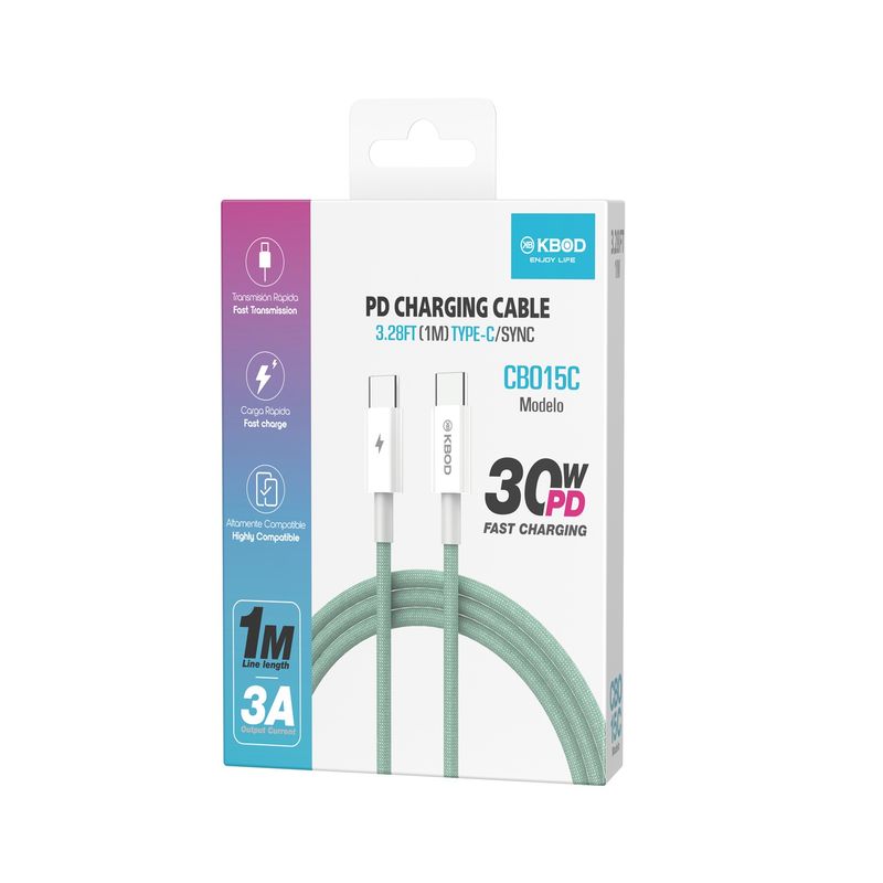 KBOD - Cable de Carga y Datos Trenzado Nylon 1mt Kbod CBO15 Tipo C Verde